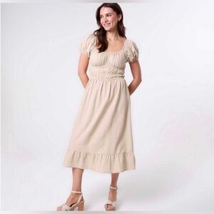 Sim And Sam Milkmaid Cottage Dress Size M Beige Linen Blend Peasant Farmhouse